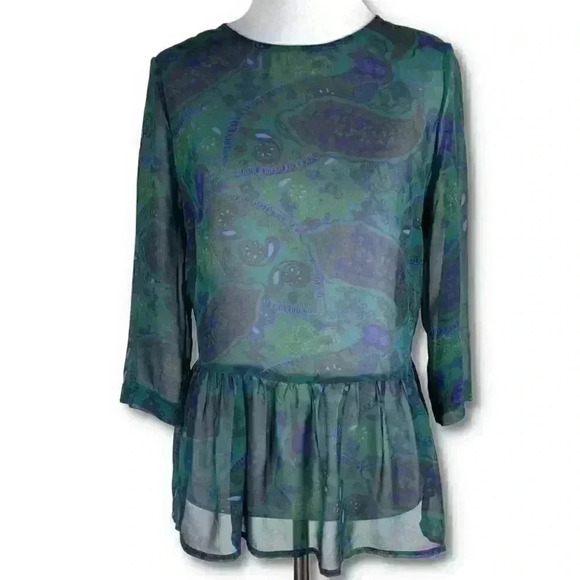 Vince Womens top size M multicolored 100% silk Paisley sheer peplum - Picture 10 of 10